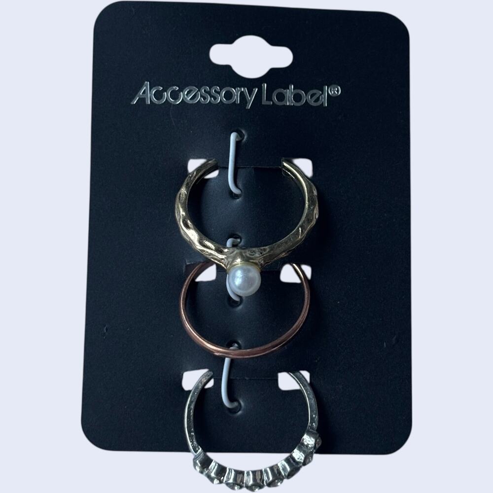Accessory Label Mixed Metal 3 Ring Set Pearl Gold Rose Silver Boho Size 7